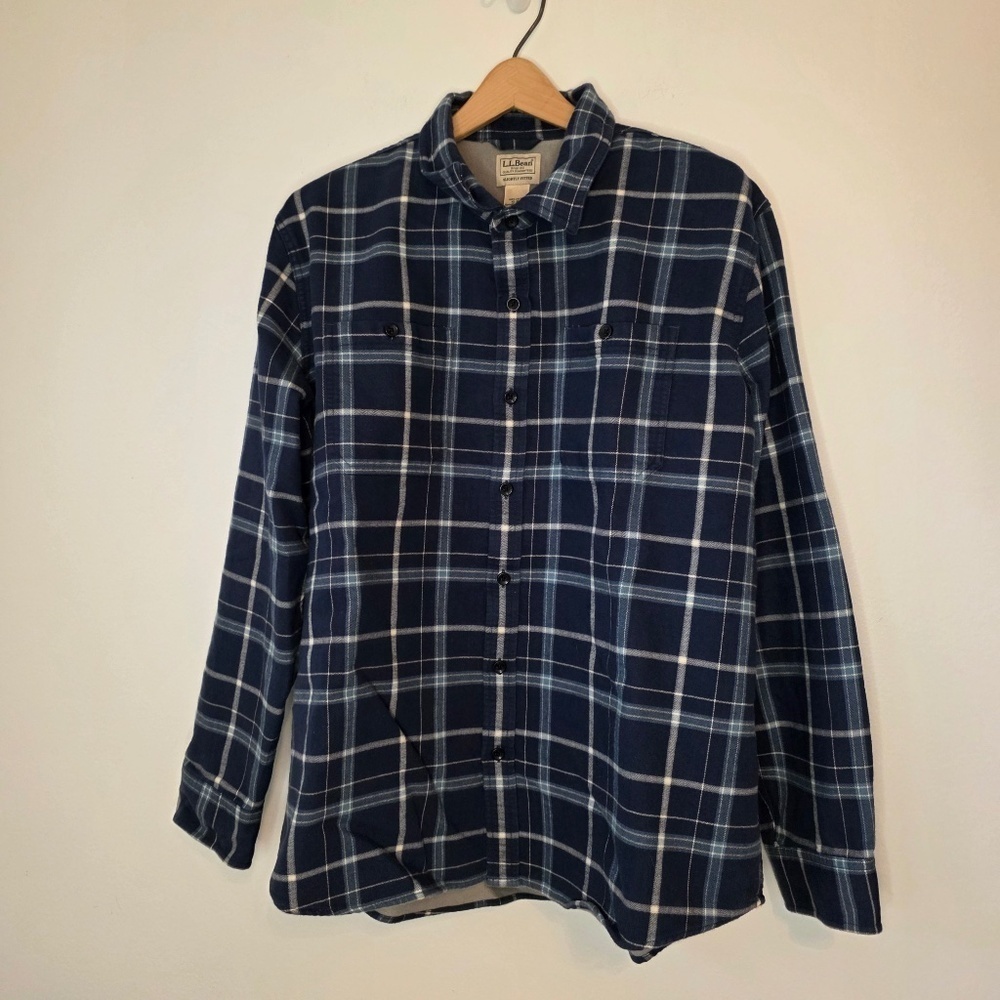 LL Bean Men's Wicked Warm Blue Plaid Lined Flannel Shirt - XL